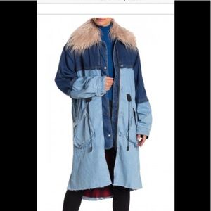 Free people patchwork denim coat‎ w/faux fur collar